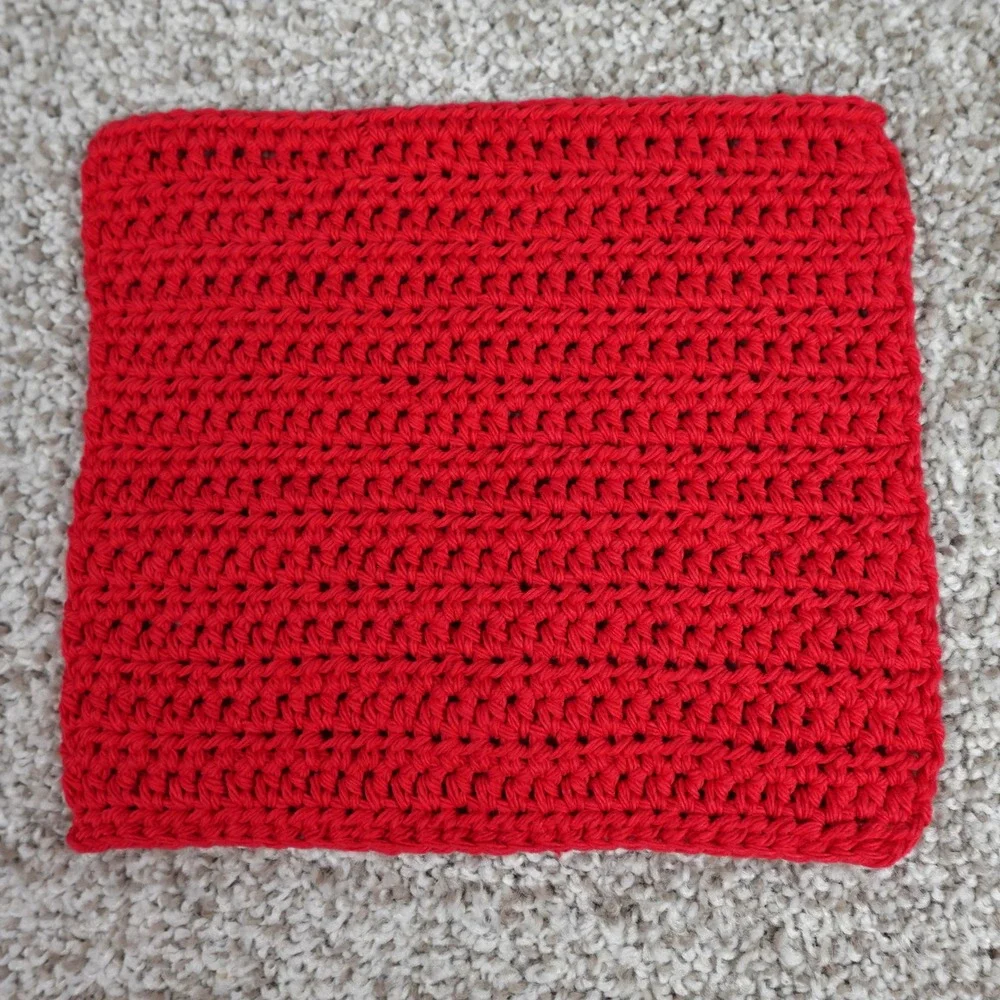 Handmade Crochet Washcloth Red Cotton Textured Dishcloth Square 8x7.5